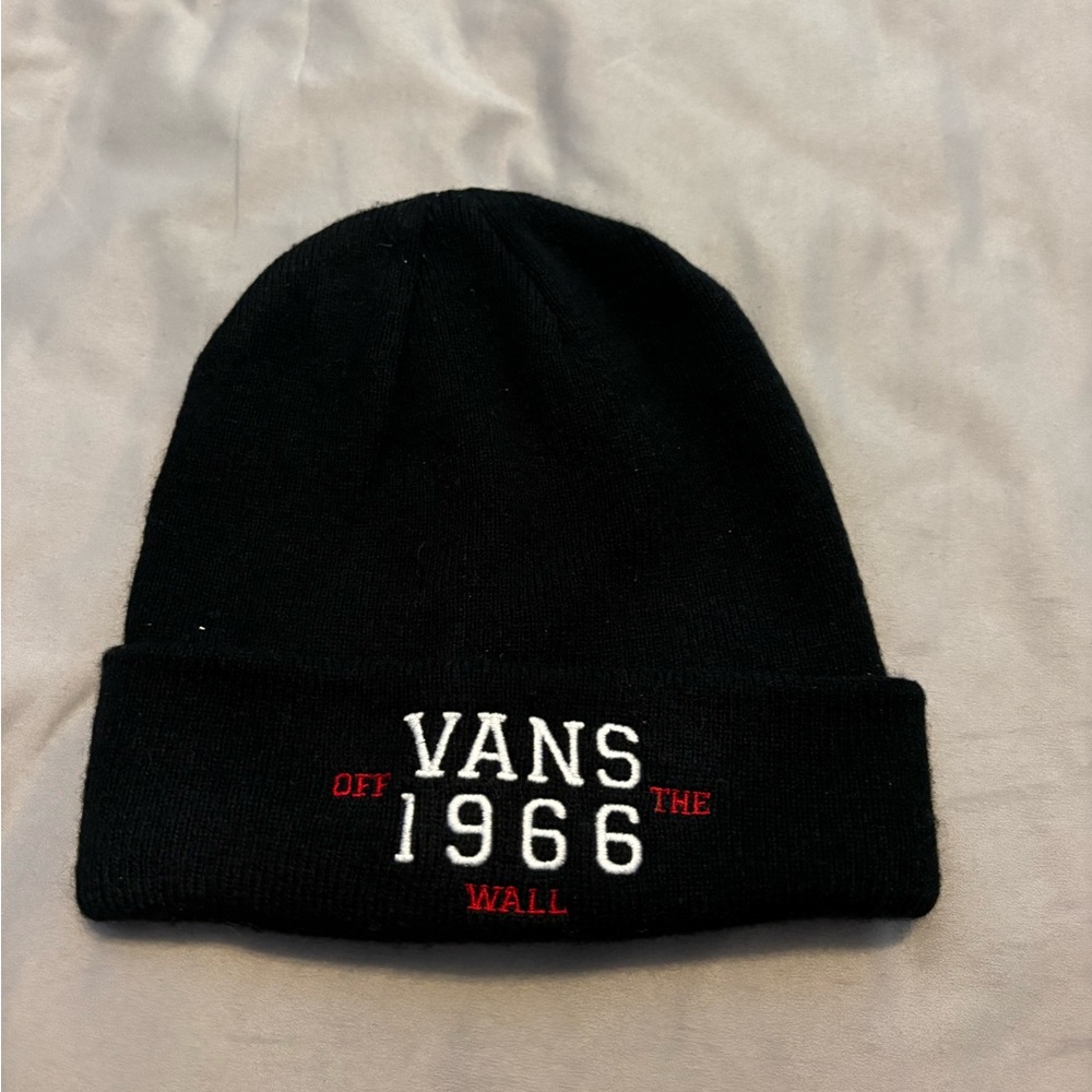 Vans Black Knit Beanie with Red and White Embroidery